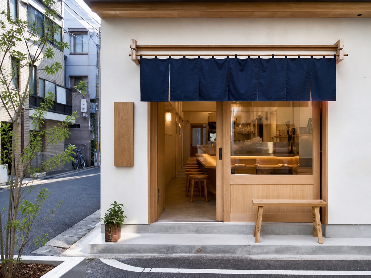 白木と藍色の暖簾を使った明るいラーメン店の外観