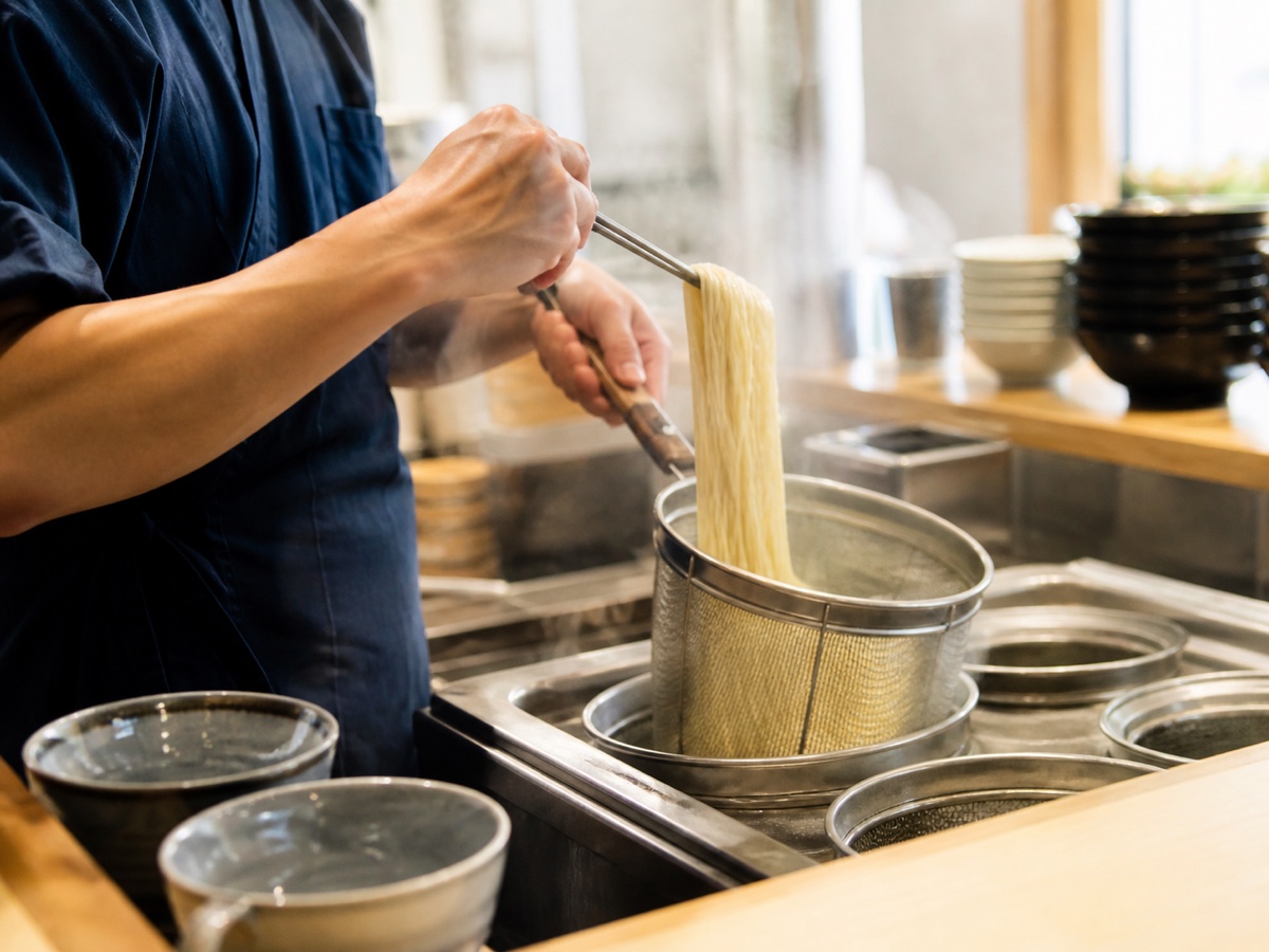 茹で上がった細麺を整える厨房の手元