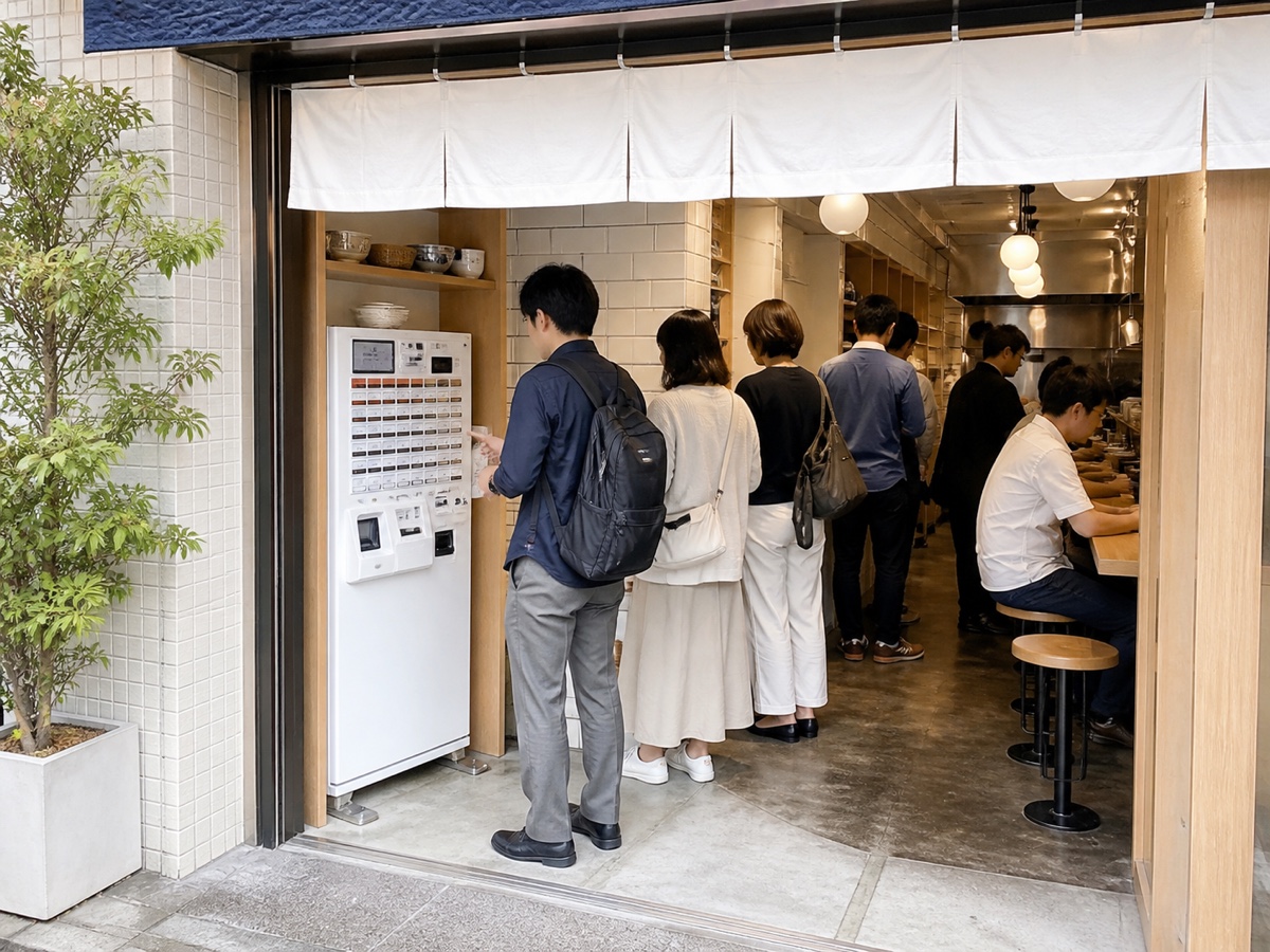 券売機と注文の流れが分かるラーメン店の入口